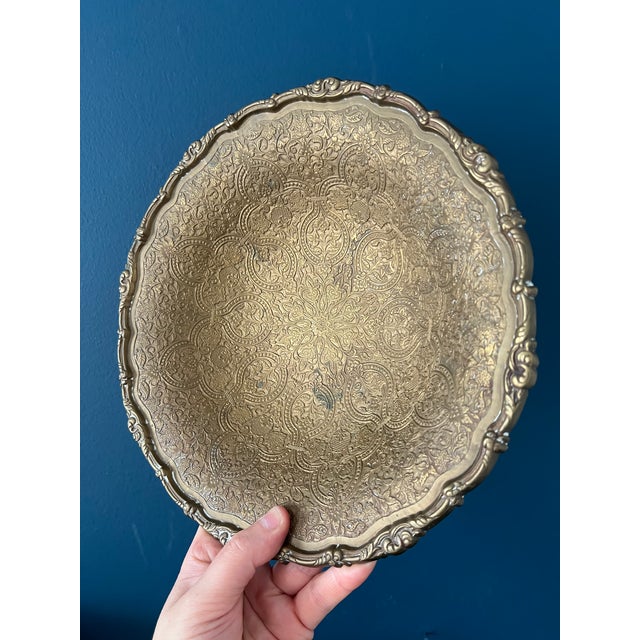 Vintage Brass Pedestal Bowl With Ornate Repoussé Decoration For Sale - Image 9 of 17