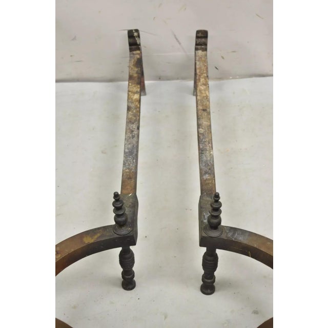 Black Antique English Federal Brass Cannonball Fireplace Andirons With Patina - Pair For Sale - Image 8 of 10