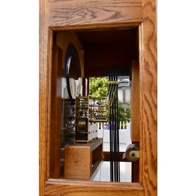Howard Miller Oak Grandfather Clock Moon Dial Triple Chime Floor Tall Case For Sale - Image 15 of 17