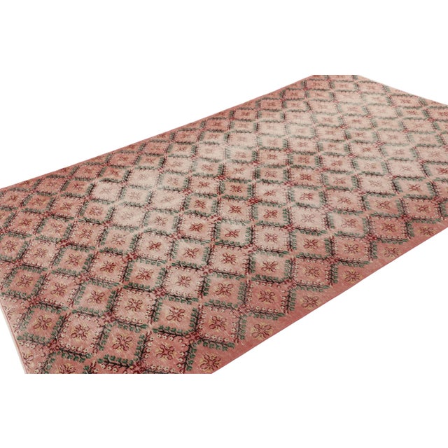 1950s Vintage Distressed Rug, Pink and Green Geometric Floral Pattern - Rug & Kilim For Sale - Image 5 of 7