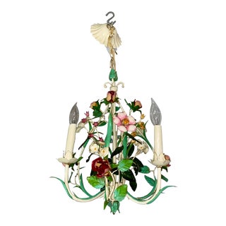 1940s Vintage Three Light Tole Flower Chandelier For Sale