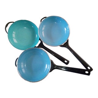 Mid 20th Century Tableware, Blue Enamel - 3 Bowls, 3 Handles For Sale
