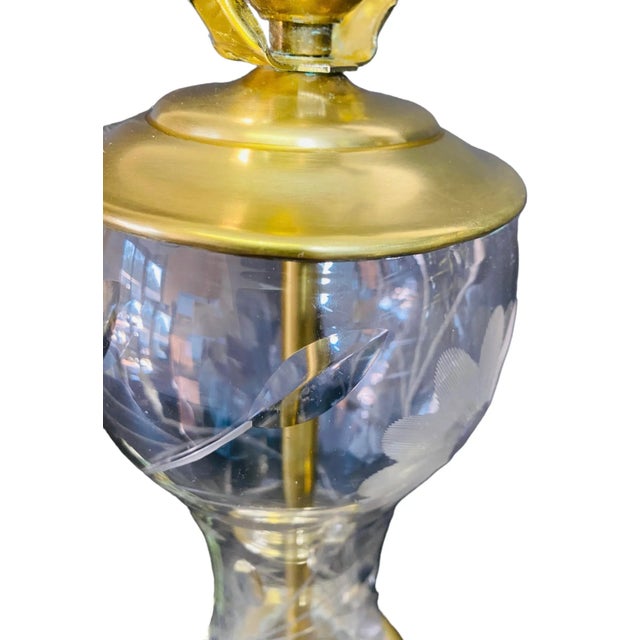 Mid-Century Brass and Crystal Lamps With Etched Flowers a Pair For Sale In Tampa - Image 6 of 11