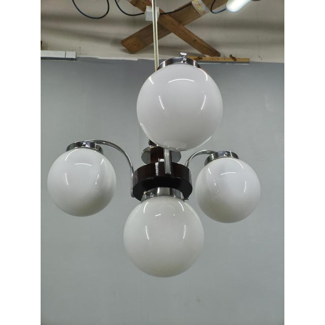 Czech Art Deco Chandelier with Four Opaline Glass Shades, 1930s For Sale - Image 6 of 15