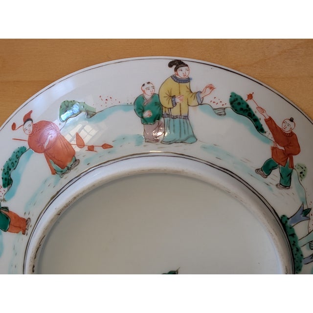 Late 19th Century Antique Chinese Famille Verte Porcelain Character Plate With a "Leaf" Mark For Sale - Image 5 of 7