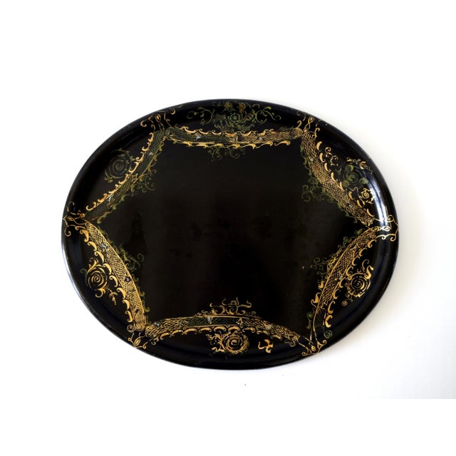Mid 19th Century Antique Black Mother of Pearl Inlay Papier Mache Tray For Sale - Image 10 of 11