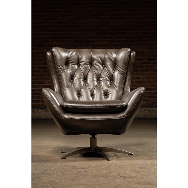 MCM Tufted Leather Wingback Swivel Chair With Ottoman in Grey For Sale In Chicago - Image 6 of 12