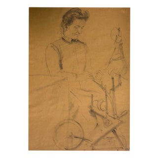 Heinrich Pforr, Peasant Woman at the Spinning Wheel, Pencil on Paper For Sale