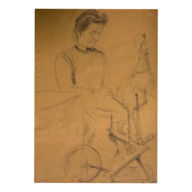 Heinrich Pforr, Peasant Woman at the Spinning Wheel, Pencil on Paper For Sale