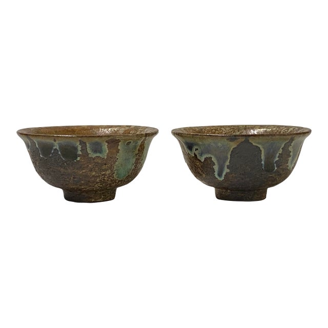 Pair Chinese Ceramic Bronze Brown Turquoise Glaze Cup Display Art For Sale