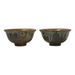 Pair Chinese Ceramic Bronze Brown Turquoise Glaze Cup Display Art