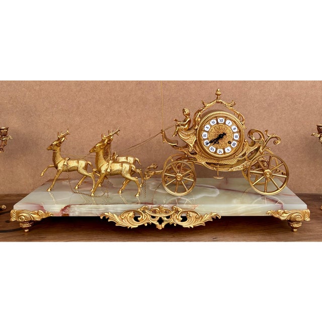 Early 20th Century Carriage Clock With Deer And Candlesticks In Gilt Bronze For Sale - Image 12 of 13