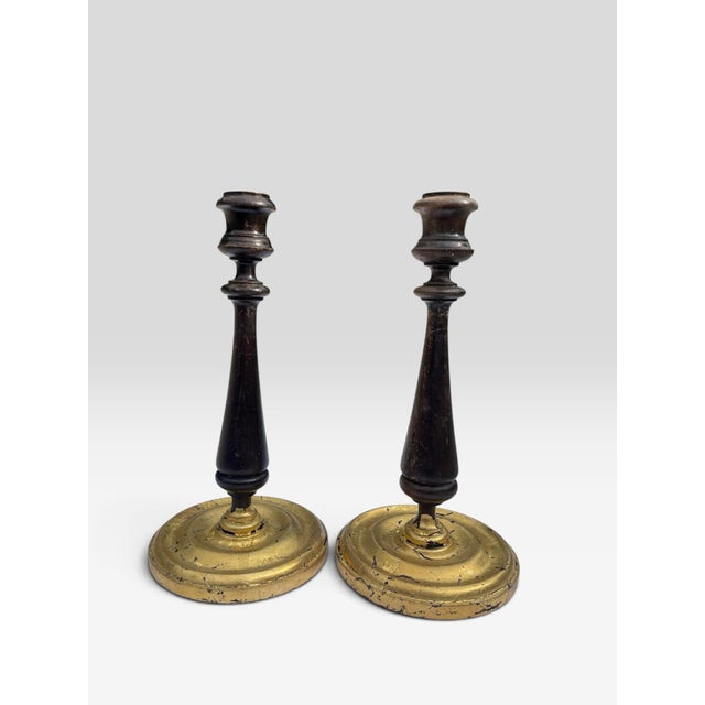 Early 20th Century Vintage Wood and Gold Leaf Applications Tall Candleholders For Sale - Image 5 of 6