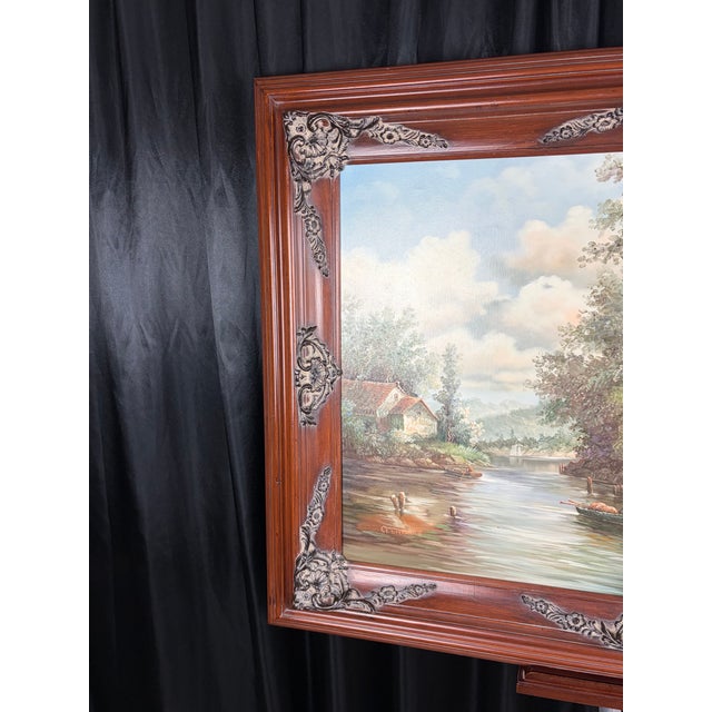 Traditional Large White Framed Vintage River Landscape Oil Painting, Ornate Carved Wood C Thomas Art For Sale - Image 3 of 12
