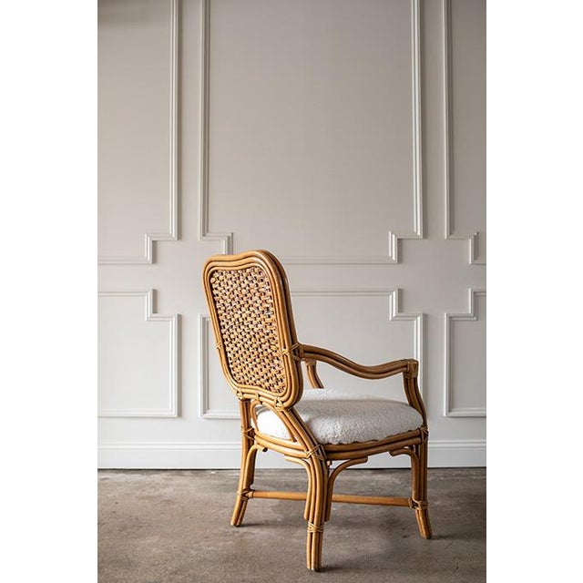 Camel Rare Set of Four Vintage Padma’s Plantation Armchairs Woven Rattan, Sherpa Upholstery For Sale - Image 8 of 18