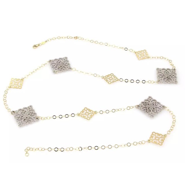 Estate 14kt Two Tone 6ct Diamond Double Sided Fancy Design Long Necklace Italy For Sale - Image 4 of 5