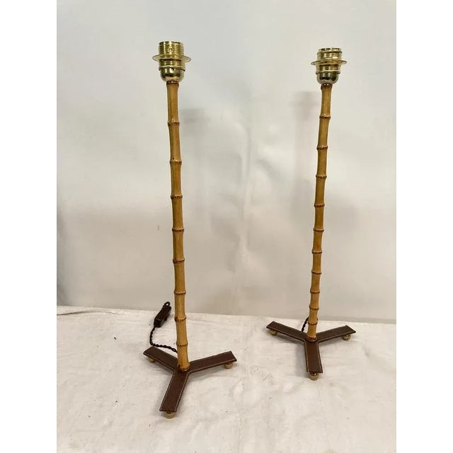 Wood Bamboo Lamps in Leather by Jacques Adnet, 1950s For Sale - Image 7 of 7