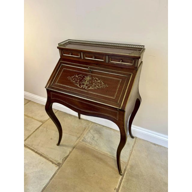 Wood Antique French Victorian Rosewood & Brass Inlaid Bureau, 1860 For Sale - Image 7 of 8