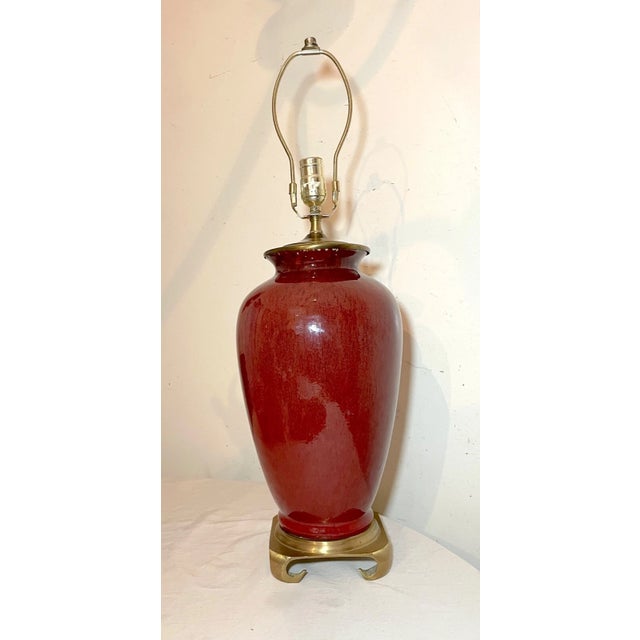 1990s Large Modern Handmade Chinese Red Real Oxblood Pottery Brass Vase Table Lamp For Sale - Image 5 of 10