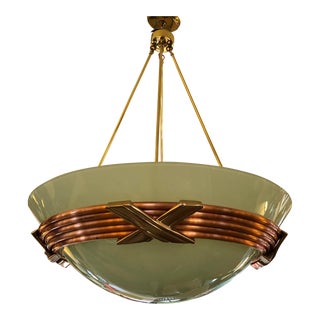 Frosted Glass, Brass & Copper Pendant Light For Sale