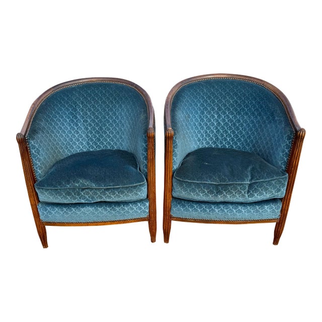 1940s French Art Deco Barrel Back Club Chairs - A Pair For Sale