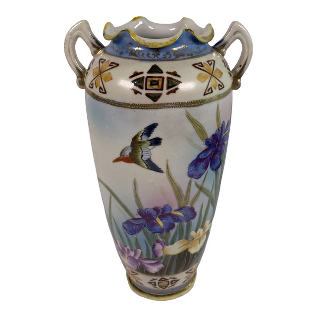 Antique Japanese Hand-Painted Porcelain Vase With Birds & Iris Flowers, Jeweled Gilt Decoration For Sale
