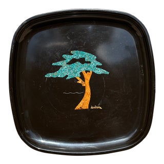 Vintage Couroc Black Lacquer Plate, Monterey California For Sale