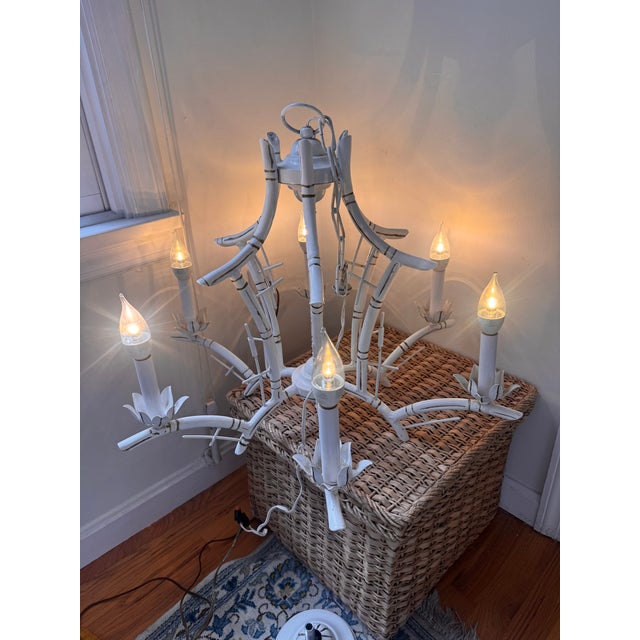 Midcentury White Faux Bamboo Pagoda Tole Chandelier For Sale - Image 10 of 12