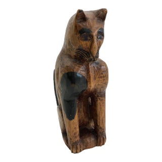Antique Early Folk Art Carved Cat With Human-Like Face For Sale
