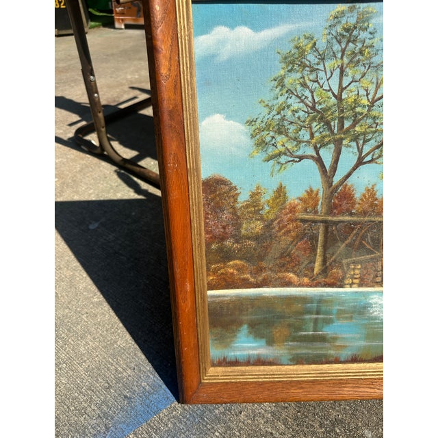 Up for consideration is a beautiful vintage watermill and house waterside landscape painting on canvas, signed by the...