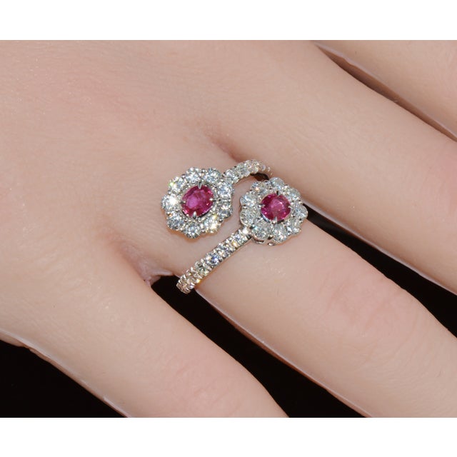Certified Natural 2.08cts Ruby & Diamond Floral Bypass Halo Ring in Solid 18k White Gold, Size 5.5 For Sale In Dallas - Image 6 of 12