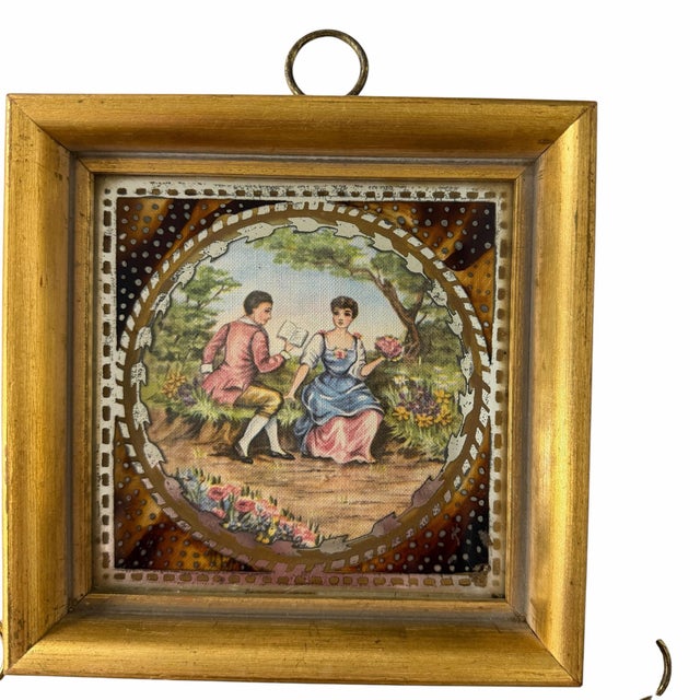 Early 20th Century Silk Embroidered Courting Couples Pastoral Scene Protected by Reverse Painting on Glass Miniature Scenes - Set of 3 For Sale - Image 4 of 9