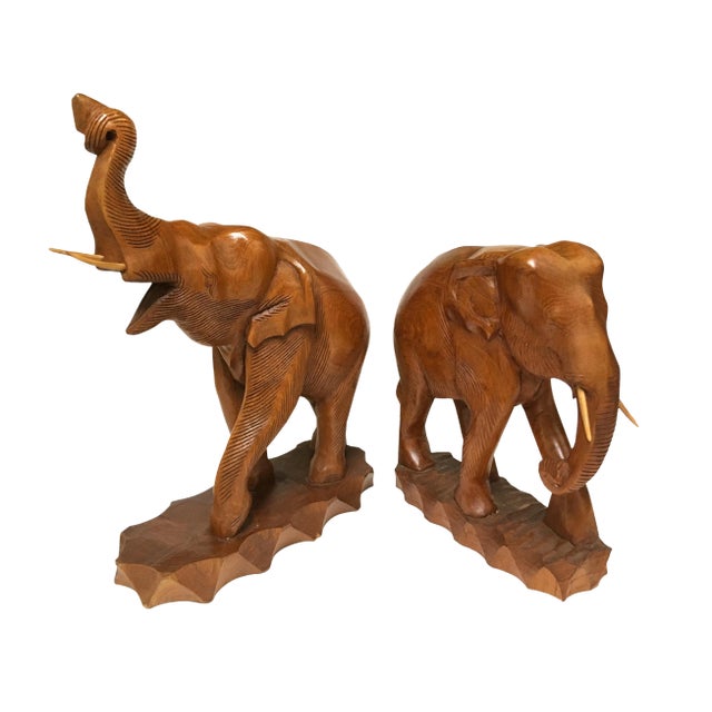 Solid Teak Wood Hand Carved Trunk Up Elephant Statue - a Pair For Sale