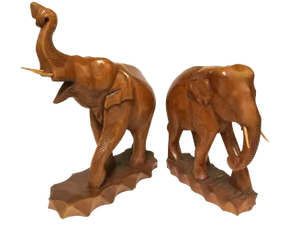 Solid Teak Wood Hand Carved Trunk Up Elephant Statue - a Pair