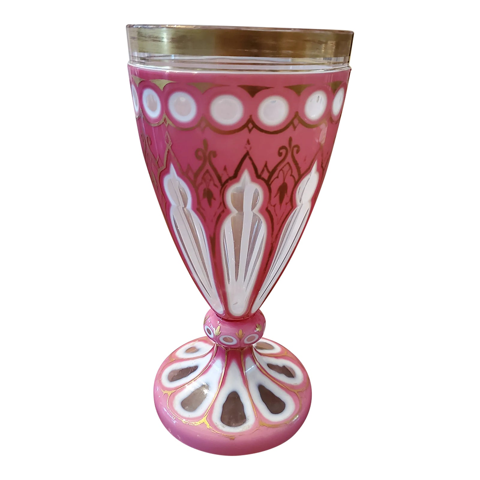 Antique Bohemian Glass Moser Overlay Pink Stem Goblet | Chairish