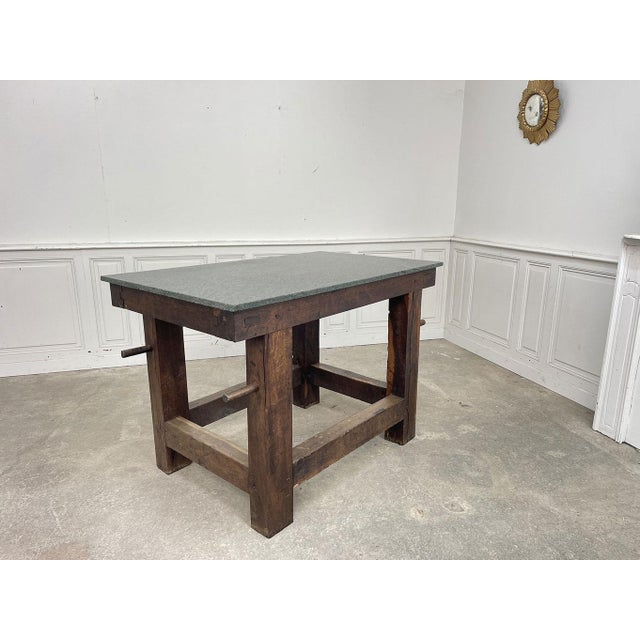 Tan Vintage Oak and Granite Worktable, 1930s For Sale - Image 8 of 8