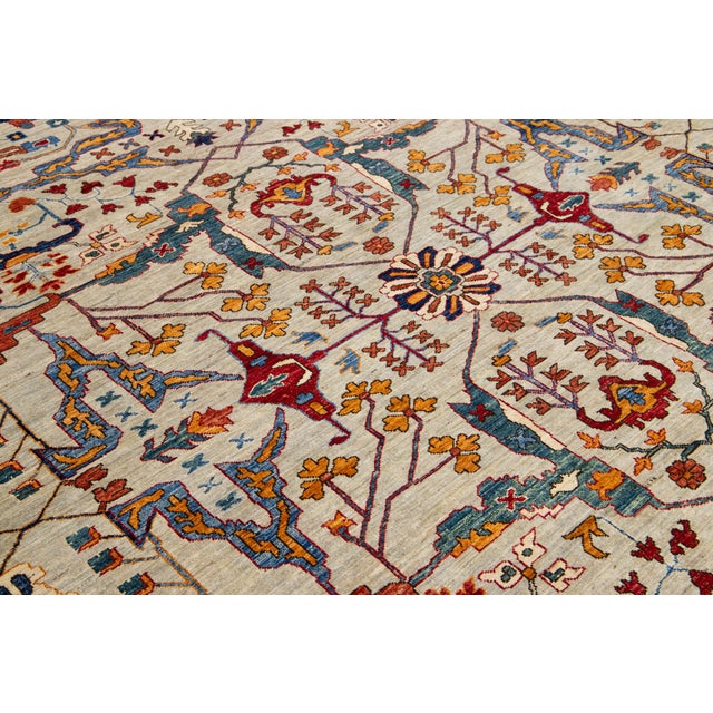 Beige Modern Designed Serapi-Style Wool Rug in Beige and Blue For Sale - Image 8 of 9