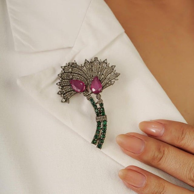 Ruby Red Art Deco Inspired Ruby, Emerald & Diamond Oxidised Brooch Pendant in Silver For Sale - Image 8 of 13