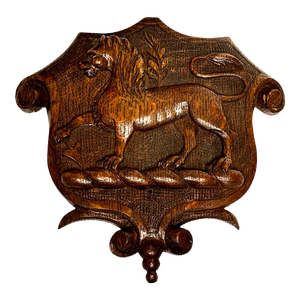 19th Century Pugin Design Gothic Carved Tiger Oak Heraldic Lion Shield Crest Sculpture