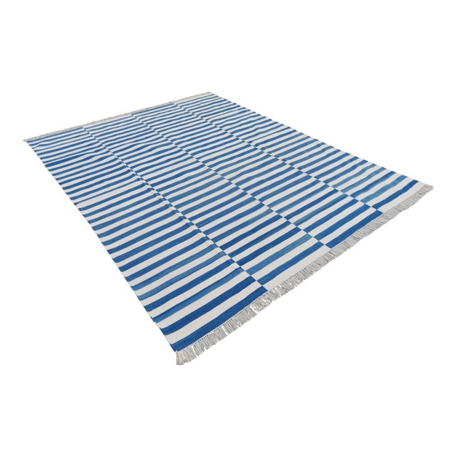 Handmade Cotton Striped Rug, Up Down Stripe Blue And White - 8'x10' For Sale