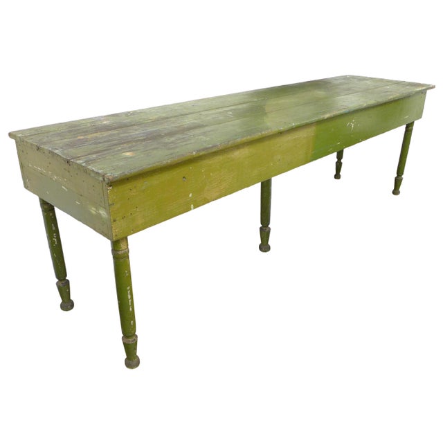 A wonderful and unusual, rustic 5-legged painted wood console or work table. Great extra long scale and gradient green...