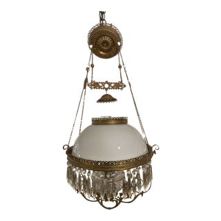 Antique Oil Lamp + Crystal Chandelier For Sale