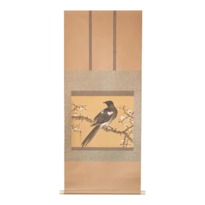 Pre-1940 Showa Era Japanese Silk Watercolor Scroll Painting, "The Crow and the Plum Tree"