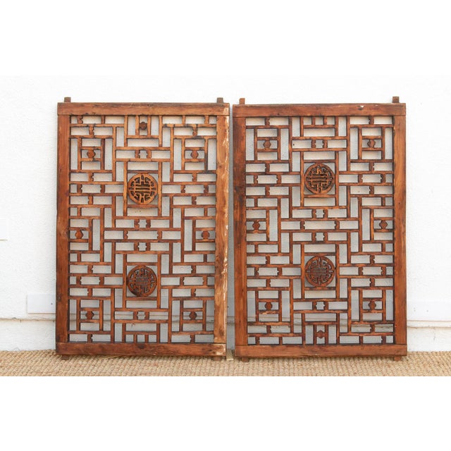 Brown Pair of Large Finely Carved "Shou" Lattice Screens For Sale - Image 8 of 9