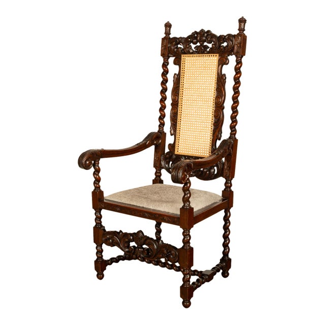 French Antique French Louis XIII Carved Walnut Barley Twist Armchair Cane Cowhide 1880 For Sale - Image 3 of 13