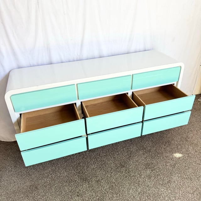1980s Postmodern White and Turquoise Lacquer Laminate Waterfall Dresser For Sale - Image 5 of 13