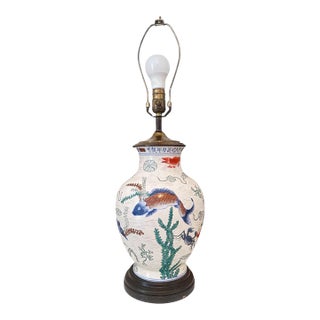 Vintage Chinese Hand-Painted Ceramic Chinoiserie Table Lamp With Brass Mounts For Sale