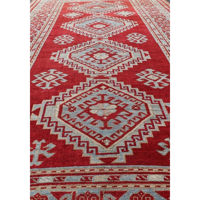Late 19th Century Antique Caucasian Kazak Gallery Rug in Brilliant Red With Geometric Design 5'0 X 11'0 For Sale - Image 5 of 12