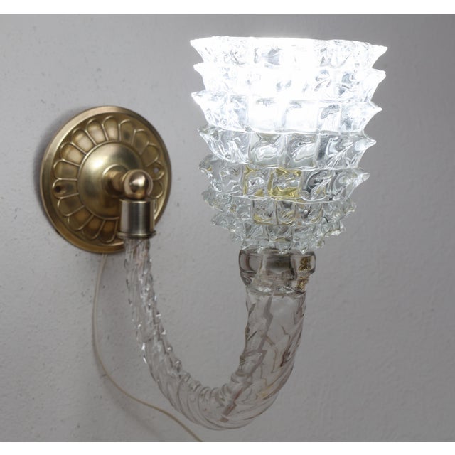 Glass 1950s Art Deco Wall Light in Murano Rostrato Glass by Barovier E Toso - Set of 2 For Sale - Image 7 of 12