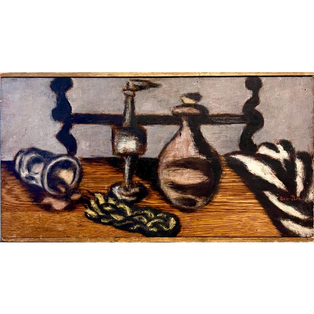 Oil Painting of still life Havdalah scene with braided candle, spice tower box and kiddush cup. Born in 1897, Ben-Zion...